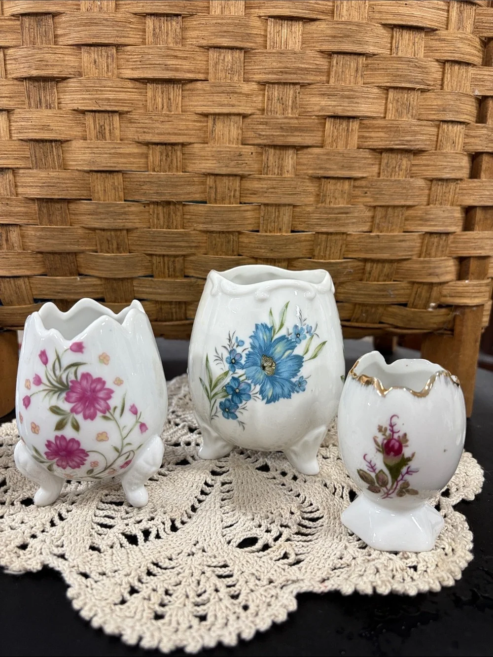 White Floral Porcelain Footed Vases Set - White with Pink & Blue Flowers